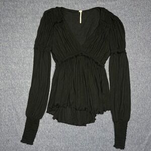 Free People Black Crinkle Gauze V Neck Smocked Peplum‎ Long Sleeve XS Preppy Y2K